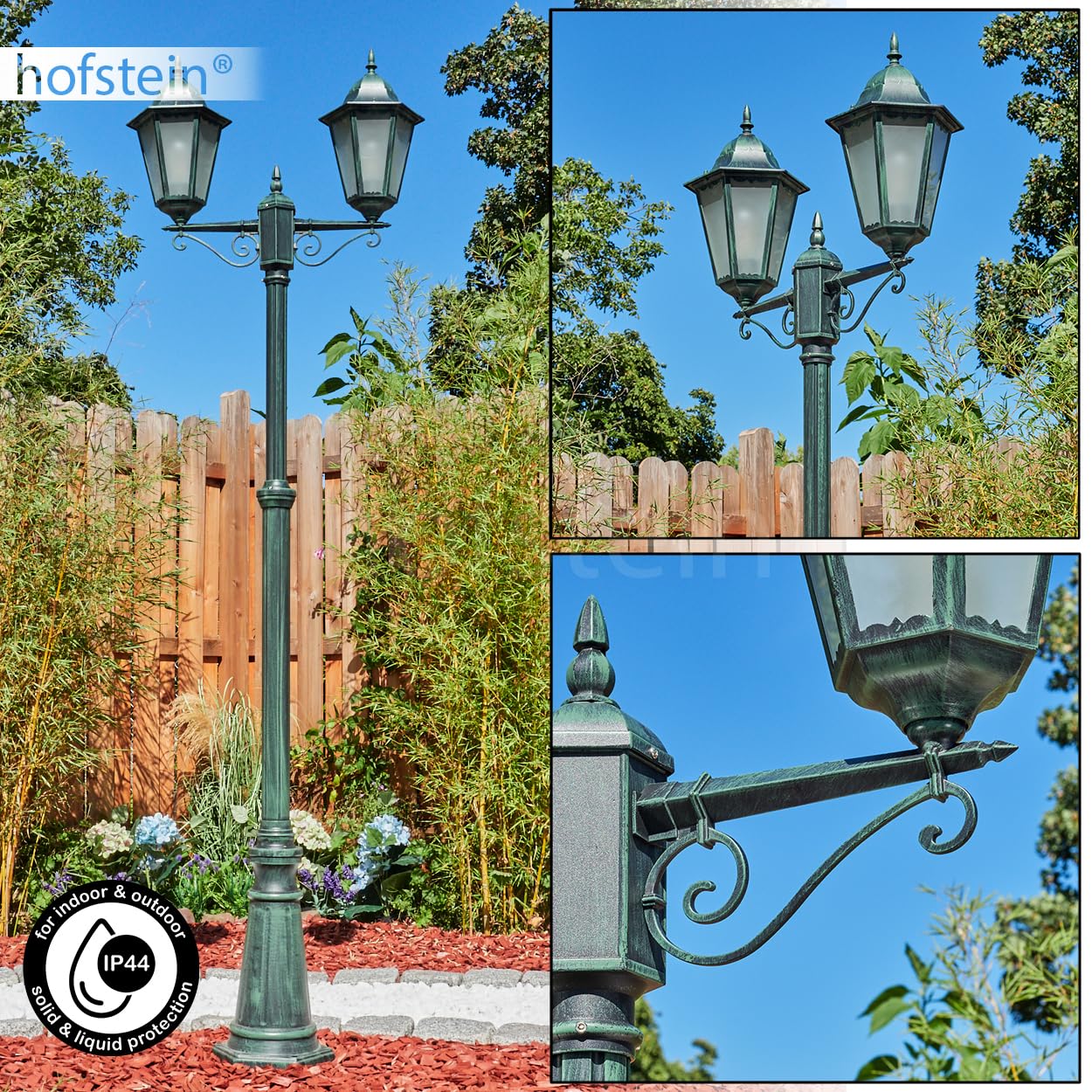 HOFSTEIN Lampa drogowa zewnętrzna Hong Kong, lampa ścieżki z metalu/szkła w kolorze czarno-zielonym/mlecznym kandelabr ze szkła antycznego, wysokość maks. 245 cm, oświetlenie ogrodowe IP44, 2 x E27,
