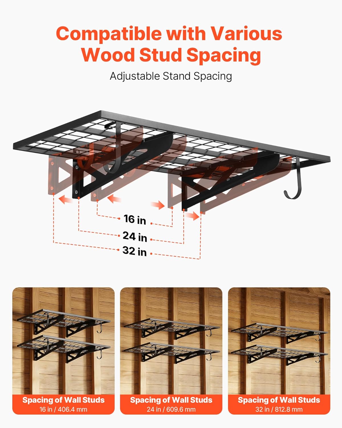 VEVOR 2-Pack Heavy Duty Garage Wall Shelving, 2 x 4 ft Steel Wall Mounted Shelving Unit with Hooks, 24 x 48 Inch Per Shelf Floating Storage Metal Rack for Garage, 500 lbs Total Weight Capacity