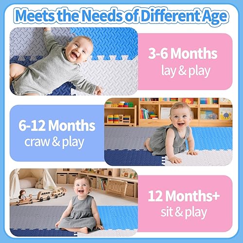 Miniatura 6 de Coolcandy Tapete de juego de espuma para bebé, 16 piezas con tiras de borde, azulejos de piso entrelazados de 4 colores, tapete de piso