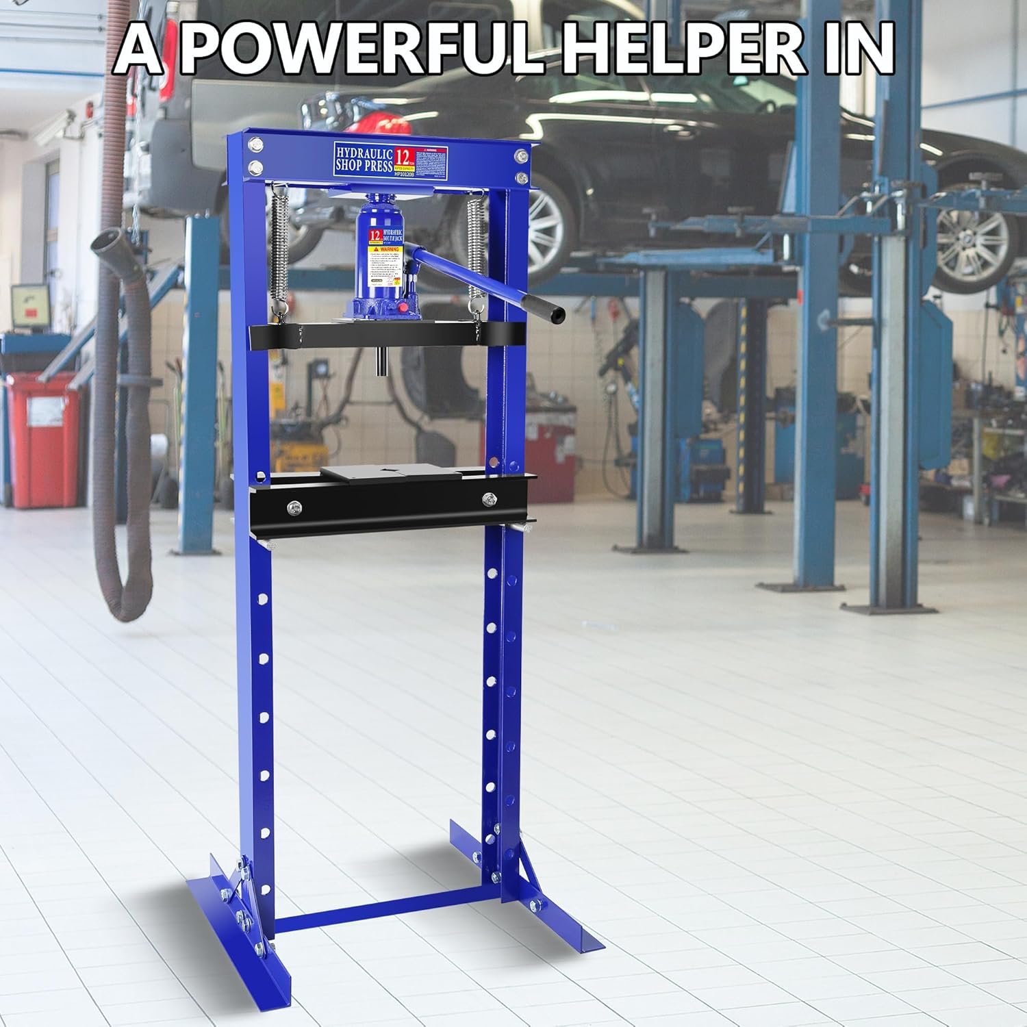 12 Ton Hydraulic H-Frame Shop Press – Adjustable Floor Press with Stamping Plates for Bending, Straightening, and Installing Bearings & U-Joints – Heavy-Duty Garage and Workshop Equipment