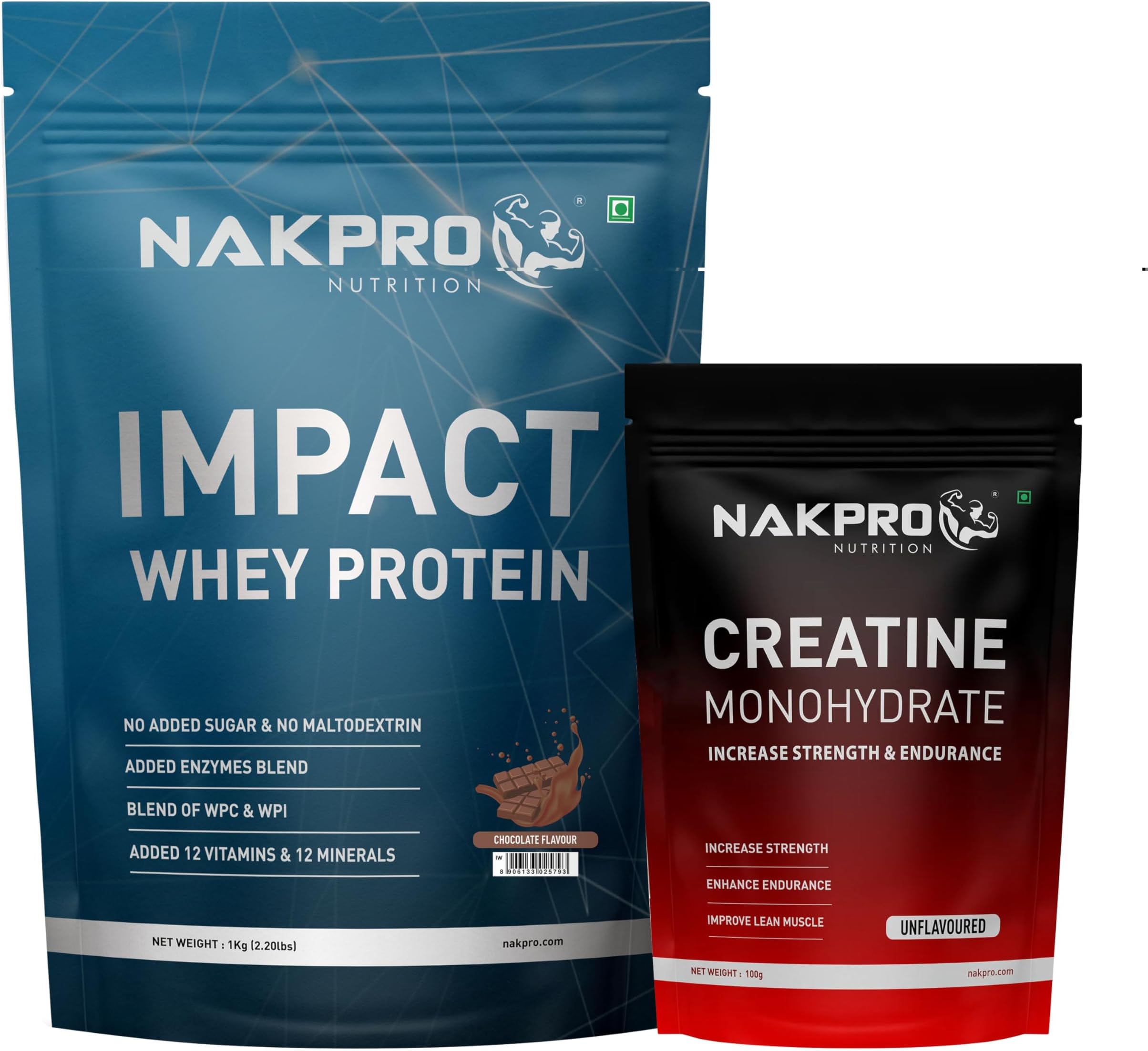 NAKPRO Impact Whey Protein Supplement Powder Combo (1 kg with Creatine, Chocolate)