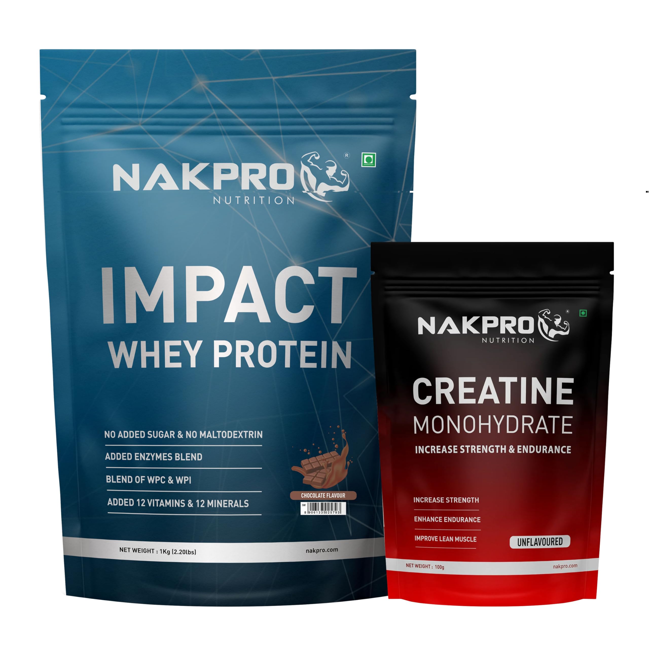 NAKPRO Impact Whey Protein Supplement Powder Combo (1 kg with Creatine, Chocolate)