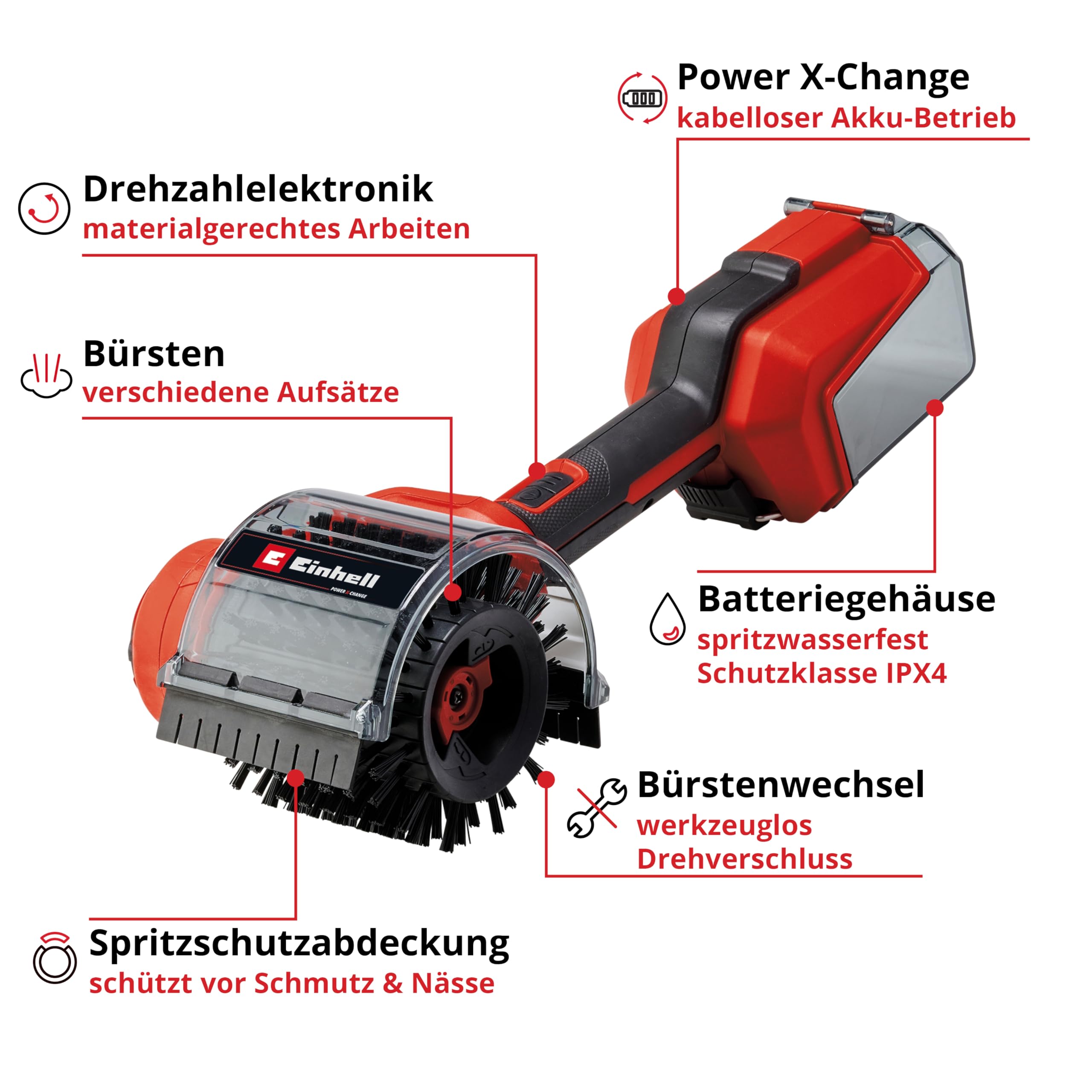 Einhell Akku-Oberflächenbürste PICOBELLA 18/90 Power X-Change (18 V, kabellose Reinigungsbürste, Spritzwasserschutz, inkl. 2x Bürste, 3x Reinigungspad, Wandhalterung, ohne Akku)