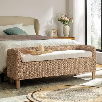 HULALA HOME 57 Rattan Storage Bench, Boho Wicker Bedroom Bench, Natural