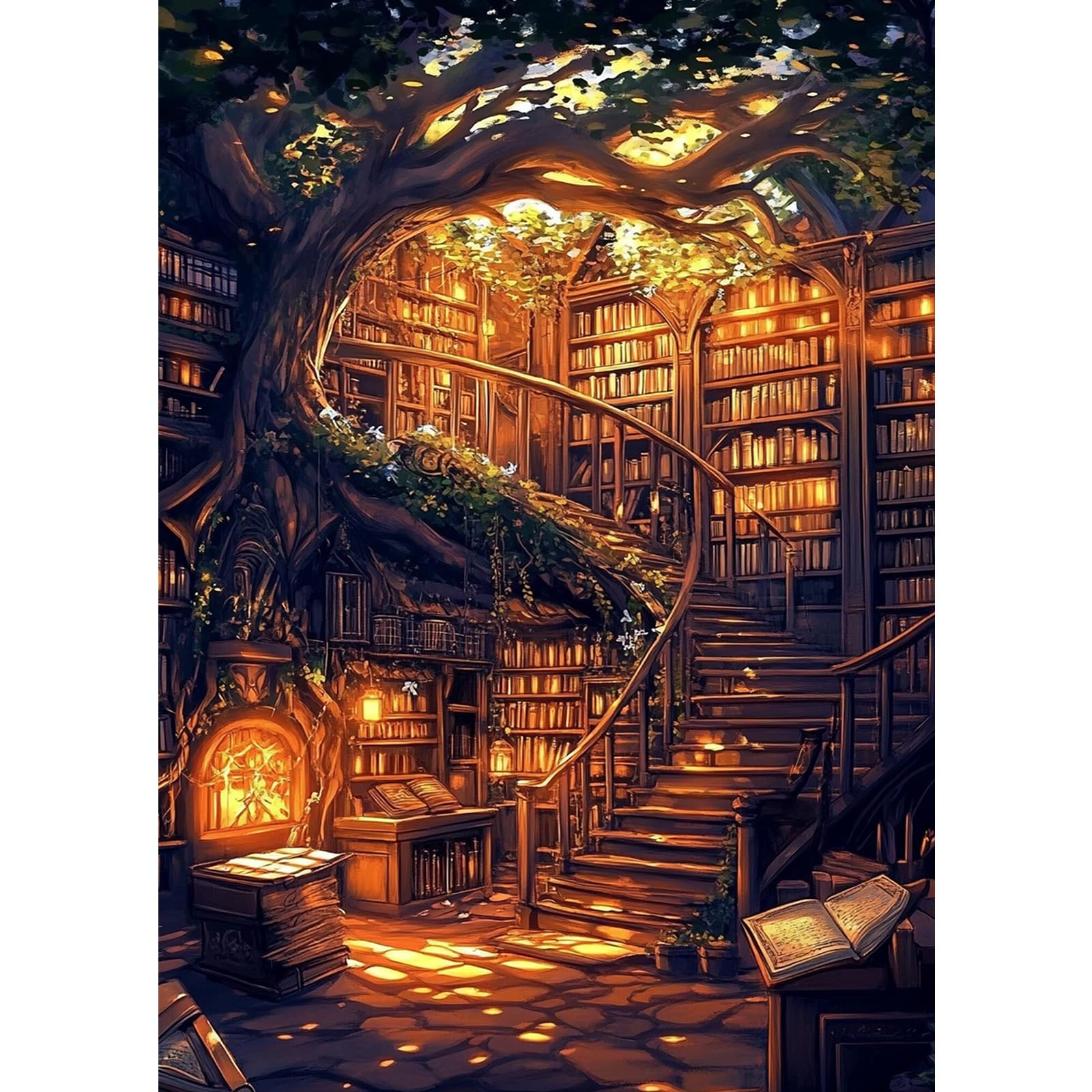 MXJSUA Tree Book House Diamond Art Painting Kits for Adults, Full Drill Diamond Dots Paintings for Beginners, Round 5D Paint with Diamonds Pictures Gems Art Painting Kits DIY Crafts Kits 30x40cm