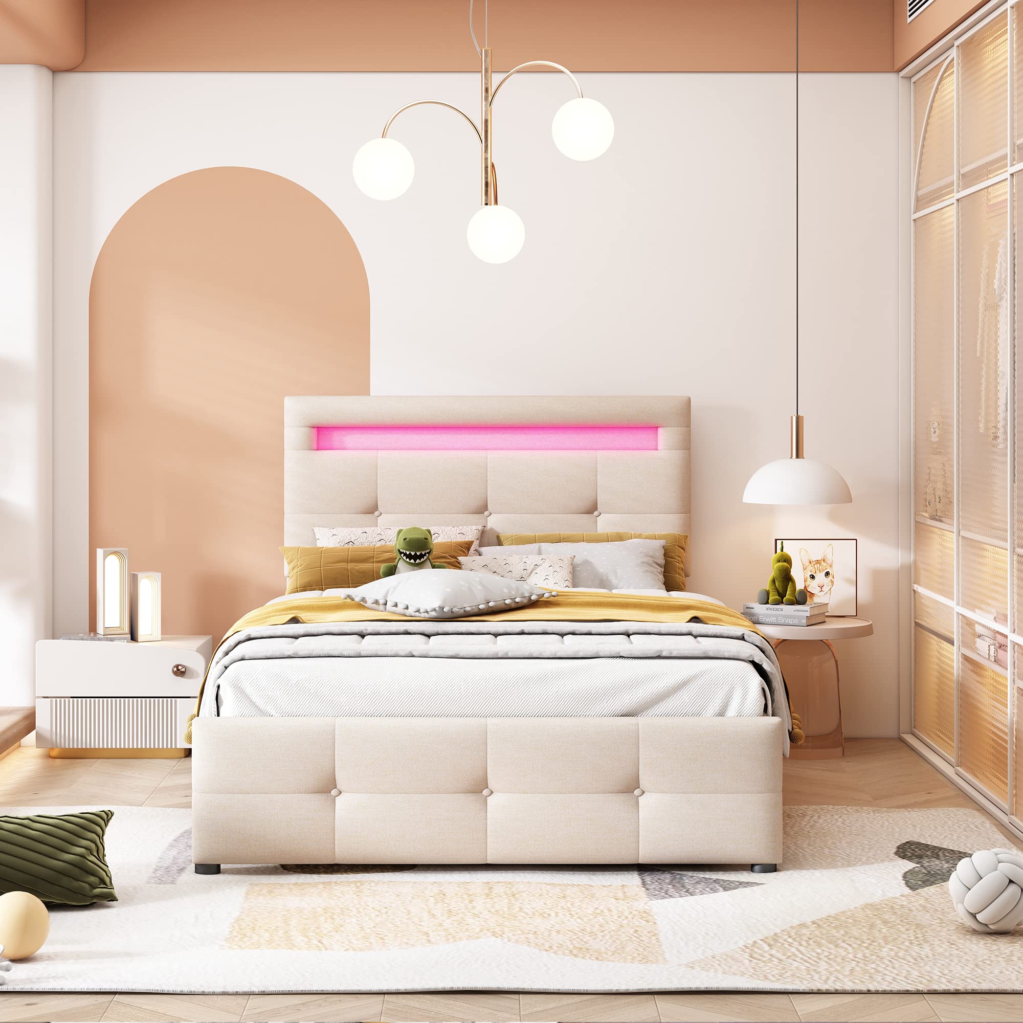 Idemon Cama tapizada de 90 x 200 cm con luces LED, 2 cajones, acolchado de lino agradable para la piel, cama individual, cama infantil, cama de invitados, color beige