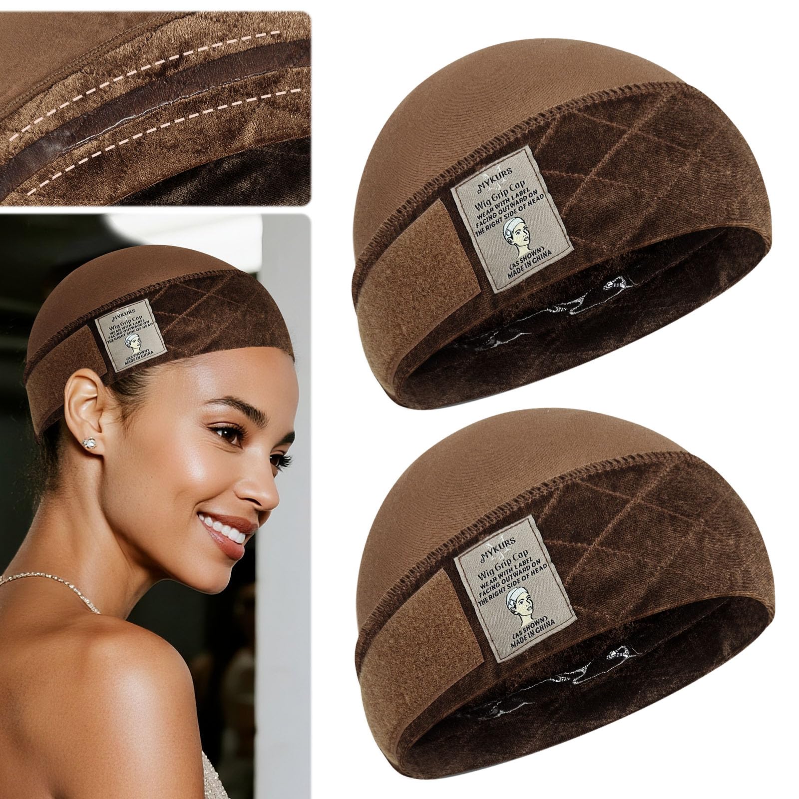 Cappucci per parrucche con fascia antiscivolo per tenere la parrucca in posizione, cappucci morbidi per parrucche da donna antiscivolo, marrone, 2 pezzi