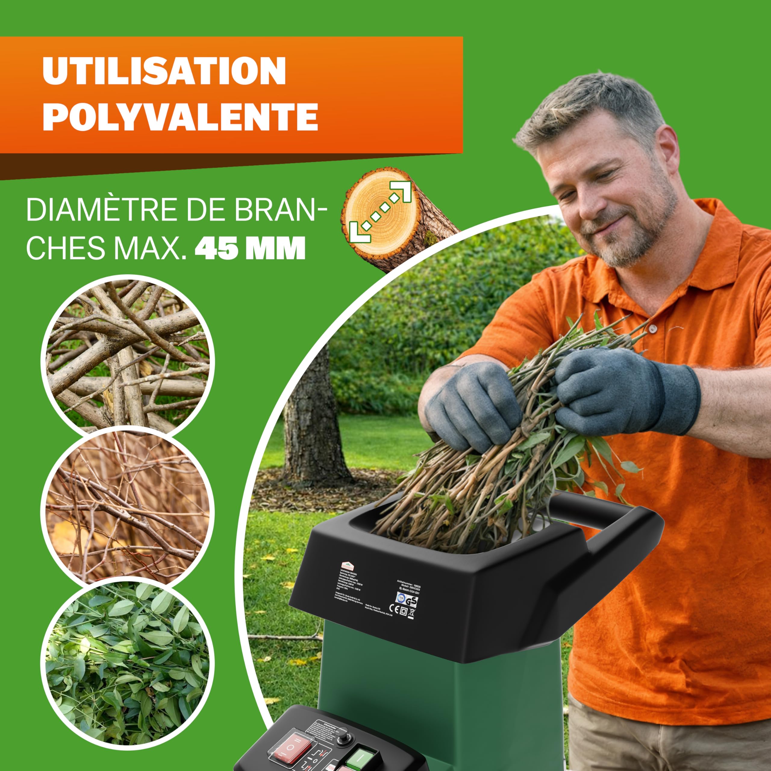GARDEBRUK® Broyeur de végétaux électrique 3.100W Max. 45mm Sac 60L broyeur à Rotor broyeur végétaux Silencieux à Rouleau broyeur de Jardin déchets Verts