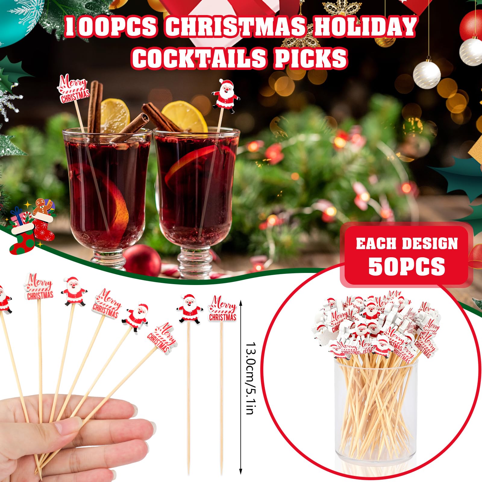 SRIZIAN 100Pcs Christmas Cocktail Picks for Appetizers, 5.1inch Merry Christmas Letter and Santa Bamboo Cocktail Sticks Toothpicks for Drinks Snacks Fruit Christmas Parties Food Decoration