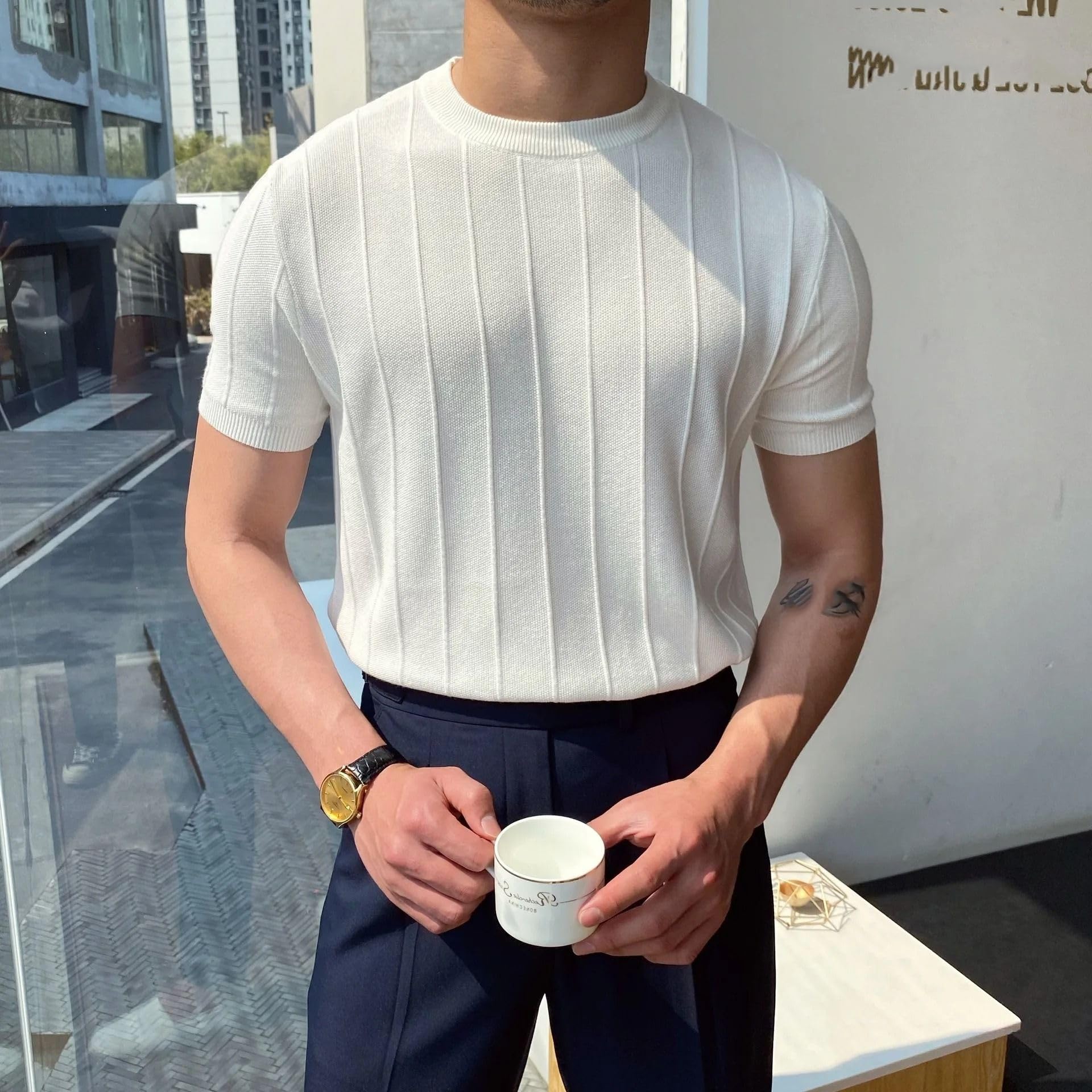 MORISTE Maglietta Uomo Lavorata a Maglia, Girocollo Leggero Manica Corta Casual Estiva Top