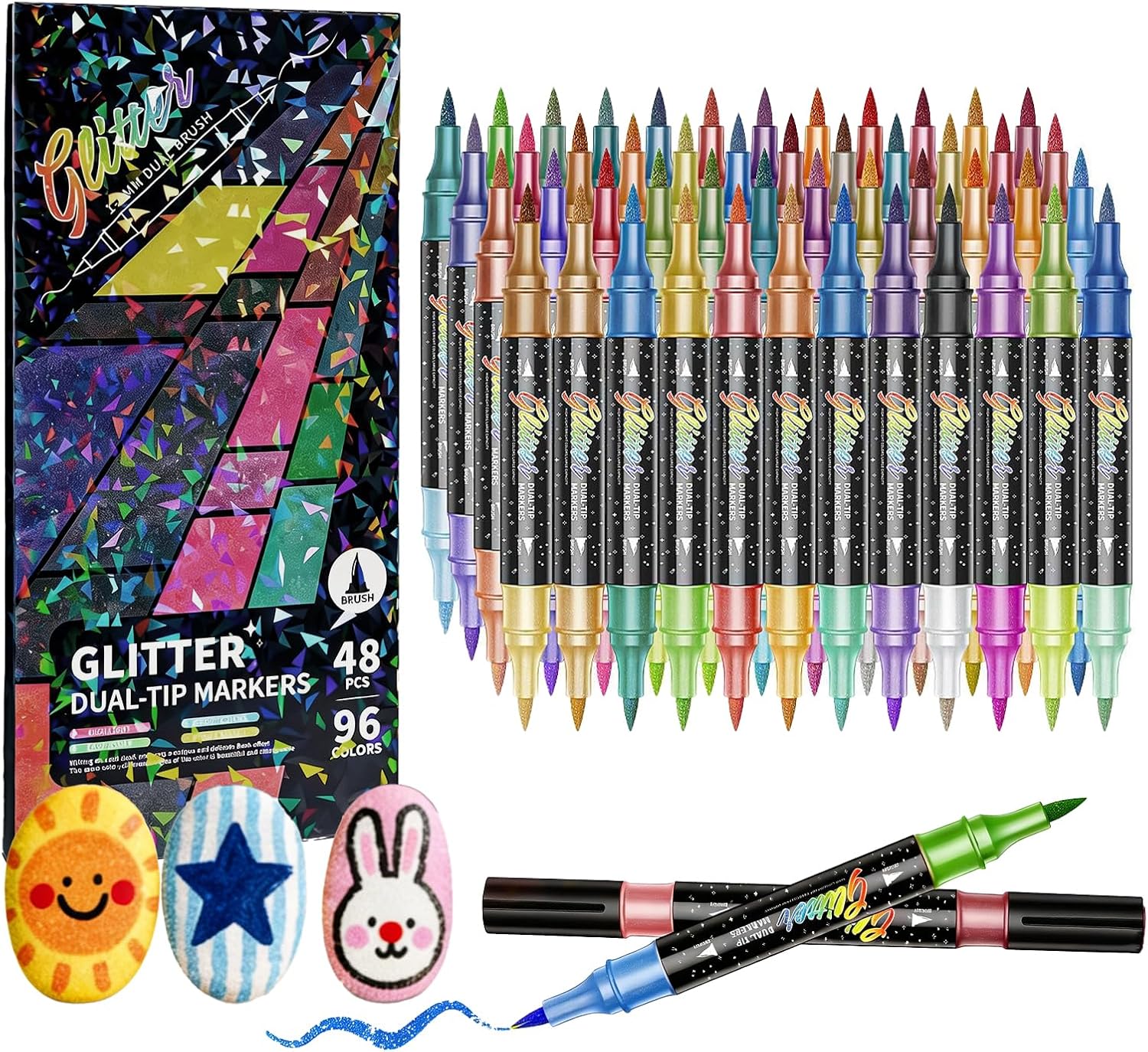 24/48/72/96 Colors Glitter Effect Brush Markers, Dual Tip Glitter Pens for Coloring, Quick-Drying No Bleed Through Art Markers, Large Capacity Brush Tip Markers for Adult, Sparkly Shimmer Pens Set
