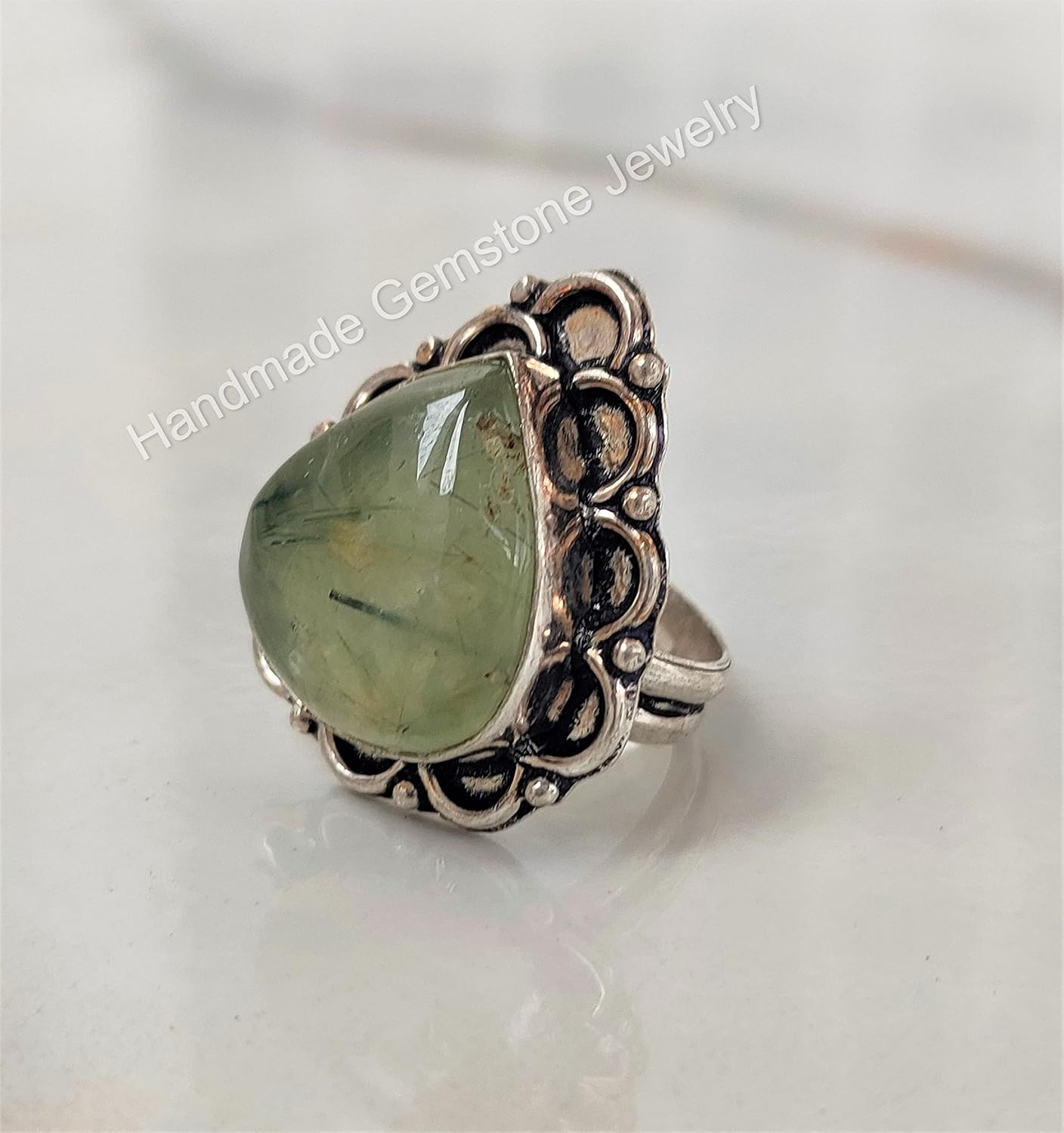 Prehnite Ring ~ Large Ring ~ Statement Ring ~ Pear Stone Ring ~ Handmade Ring ~ Green Gemstone Ring ~ Big Stone Ring ~ Gift Jewelry ~ Boho Ring ~ Prehnite Jewelry, Green Gemstone Ring ~ Women's Ring