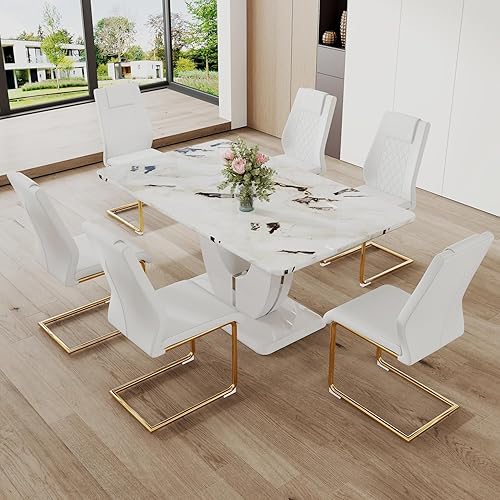 Miniatura 126 de JUFU Juego de mesa de comedor para 6 personas con sillas tapizadas de poliuretano, mesa y sillas de comedor de mármol sintético gris de 63 pulgadas,