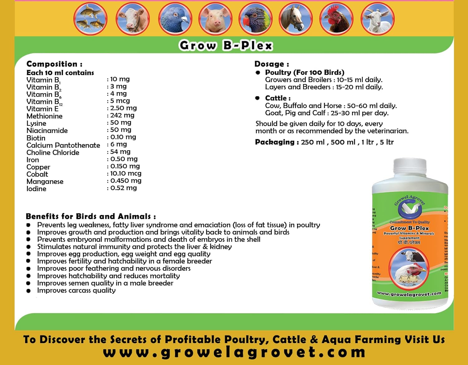 Growel Grow B Plex Vitamins Minerals Supplements For Birds Goat Pigs Horse Poultry Other Farm Animals 1000 Ml Amazon In Pet Supplies