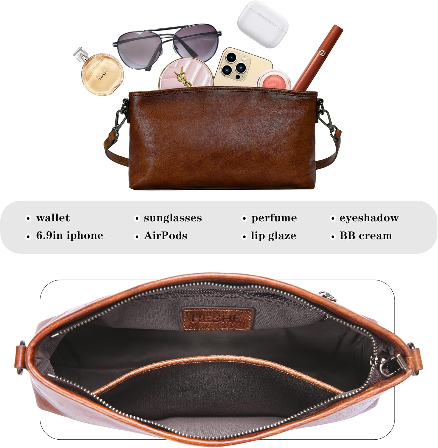 HESHE Leather Crossbody Bags for Women Lightweight Shoulder Purse Zipper Soft Vintage Satchel Handbags Travel Purse - Image 6