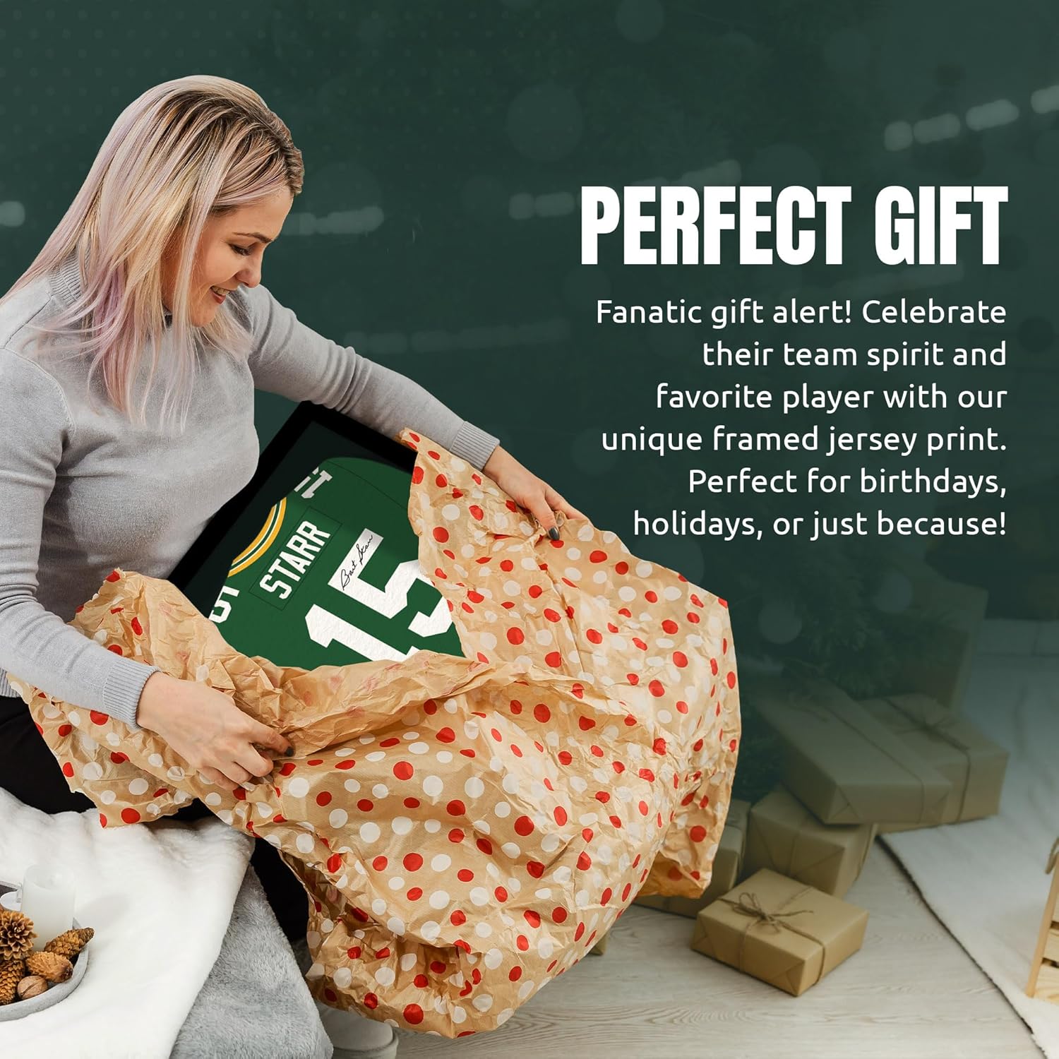 Sporticulture NFL American Football Green Bay Packers - Bart Starr Jersey Print Framed Wall Art Picture Poster for Boys Bedroom and Man Cave Decor - Ready to Hang, Green 14" x 20", Small