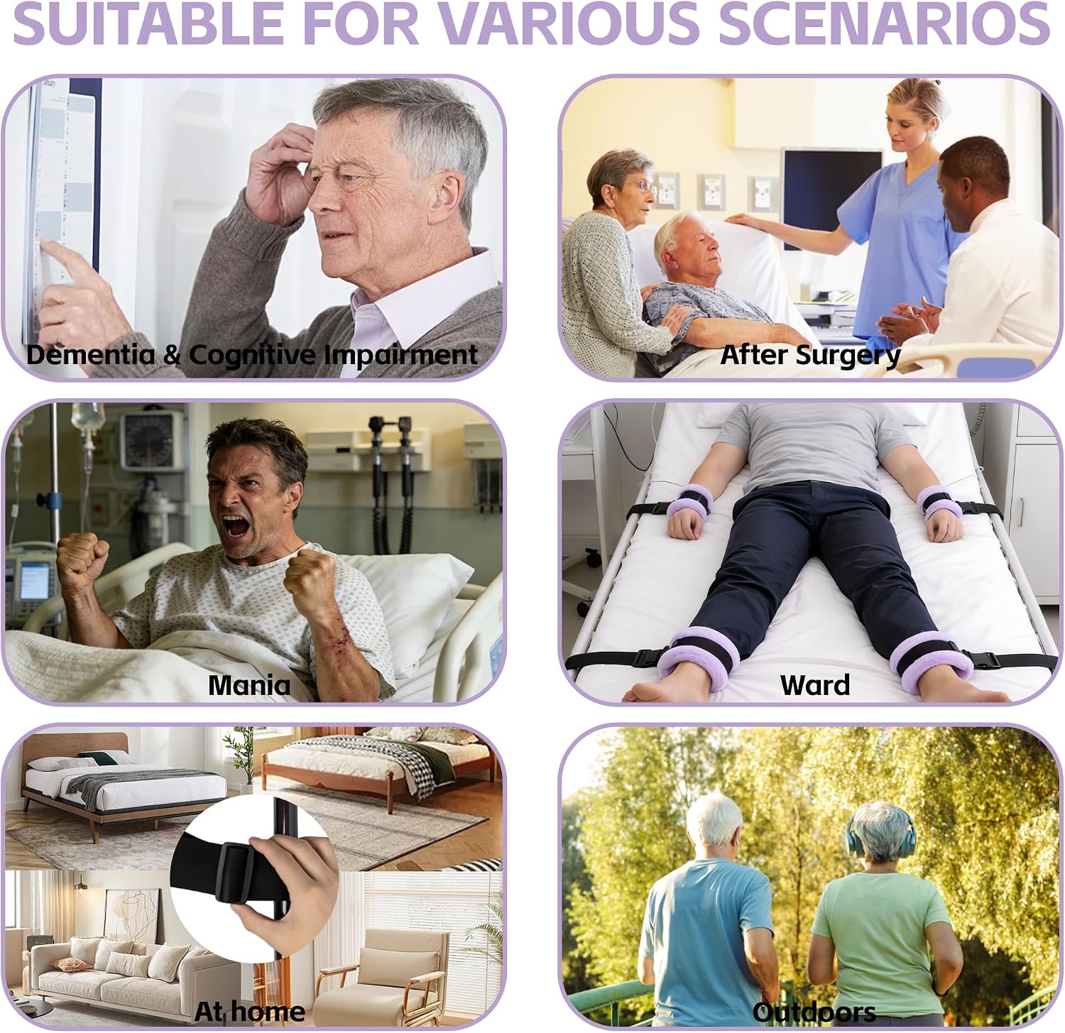 SPRING SEAON Medical Bed Restraints for Wrists & Ankles (4 Pack), Soft Fluffy Cuffs with Quick-Release Buckles, Adjustable Safety Straps for Bed Rails/Headboard, Easy-Clean Patient Restraints (Purple)