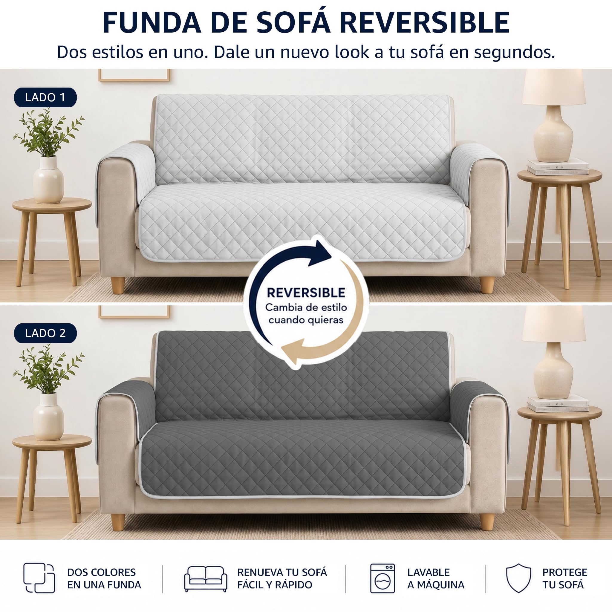 Martina Home - Funda Sofá 4 Plazas XL Gris/Antracita Dual - Cubre Sofá Acolchado Reversible Bicolor - Protector de Sofa Suave y Resistente - Ideal Mascotas y Niños - Protección Manchas y Arañazos