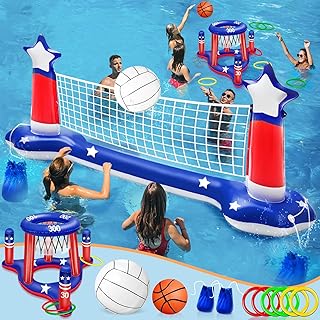 16 Inflatable Pool Backyard Ideas for Easy Summer Fun 28 TURNMEON Pool Games Set, Volleyball Net & Basketball Hoop & Ring Toss, 3...