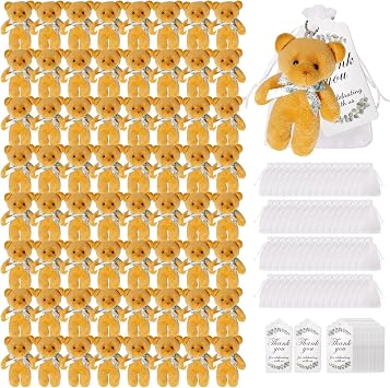 192 Pcs Baby Shower Small Bears Bulk 4.72 Inch Tiny Plush Bear Party Favors with Thank You Tags and Mesh Bags for DIY Keychain Birthday Baby Shower Mini Stuffed Animals Brown