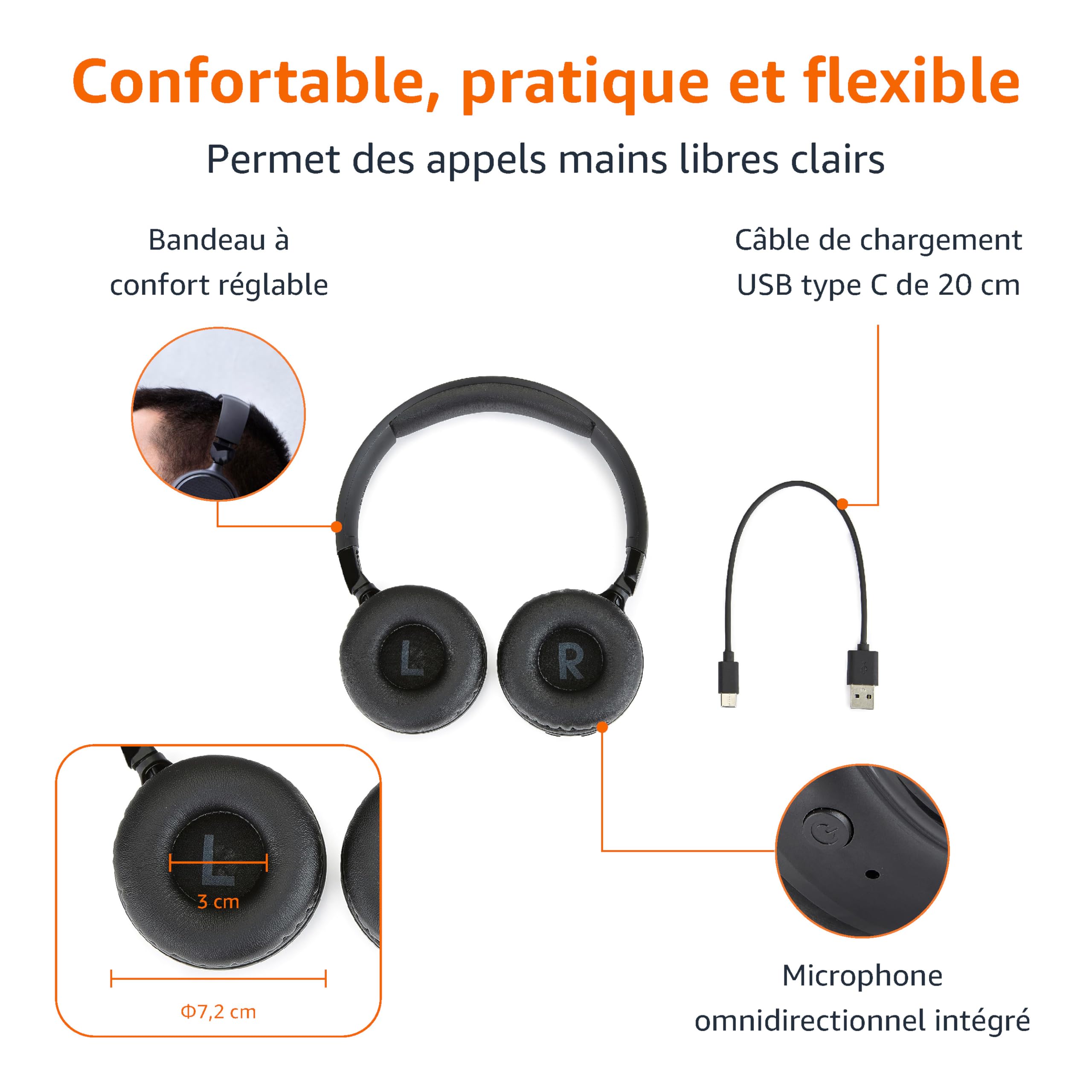 Amazon Basics Casque Audio Bluetooth 5.1 Sans Fil, 35 Heures d’Autonomie, Léger, Réglable, Idéal Pour les Voyages, le Bureau, les Téléphones Portables et les Ordinateurs, Noir