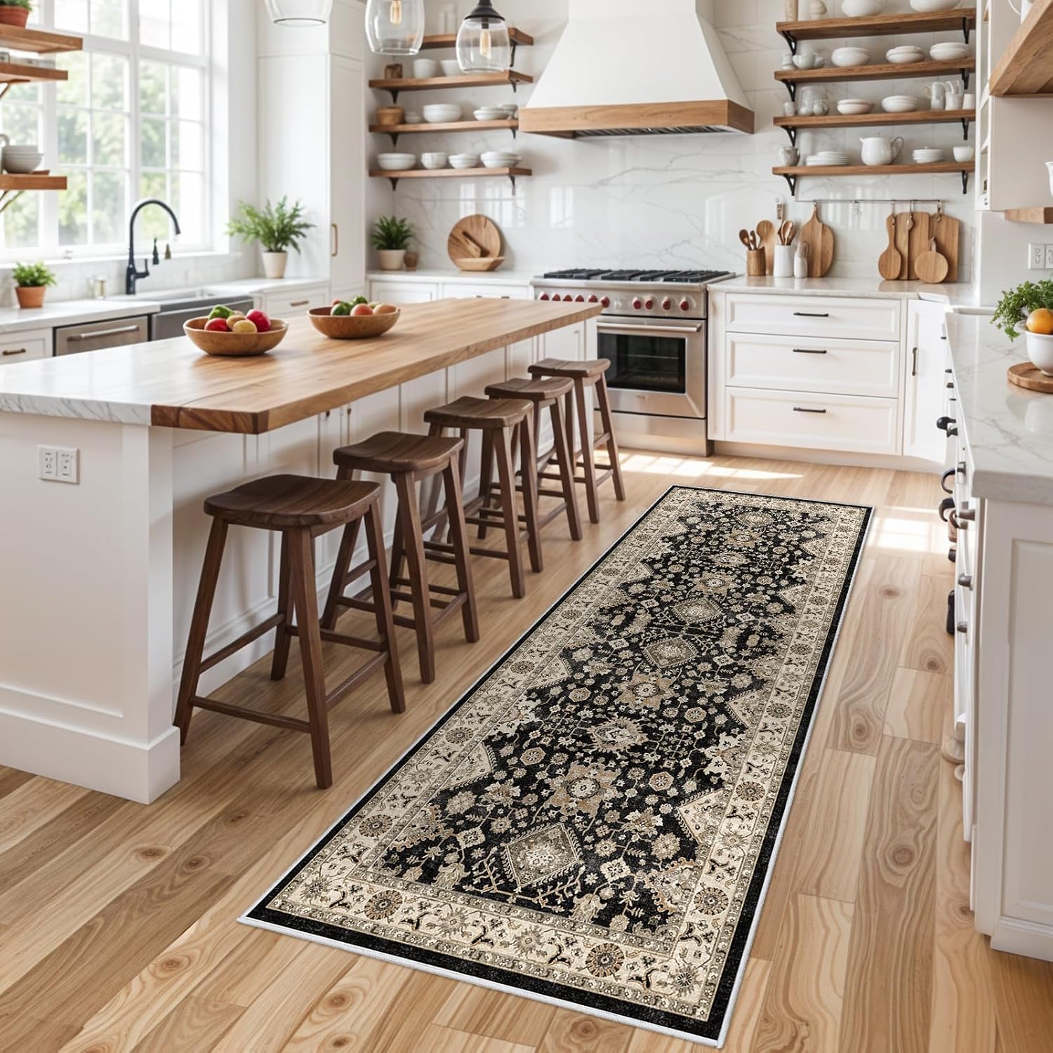 Washable Hallway Runner Rug 3x8: Non Slip Runner Rugs with Rubber Backing Soft Kitchen Rug Farmhouse Distressed Carpet Runner for Living Room Bedroom Bathroom (Black, 3X8)