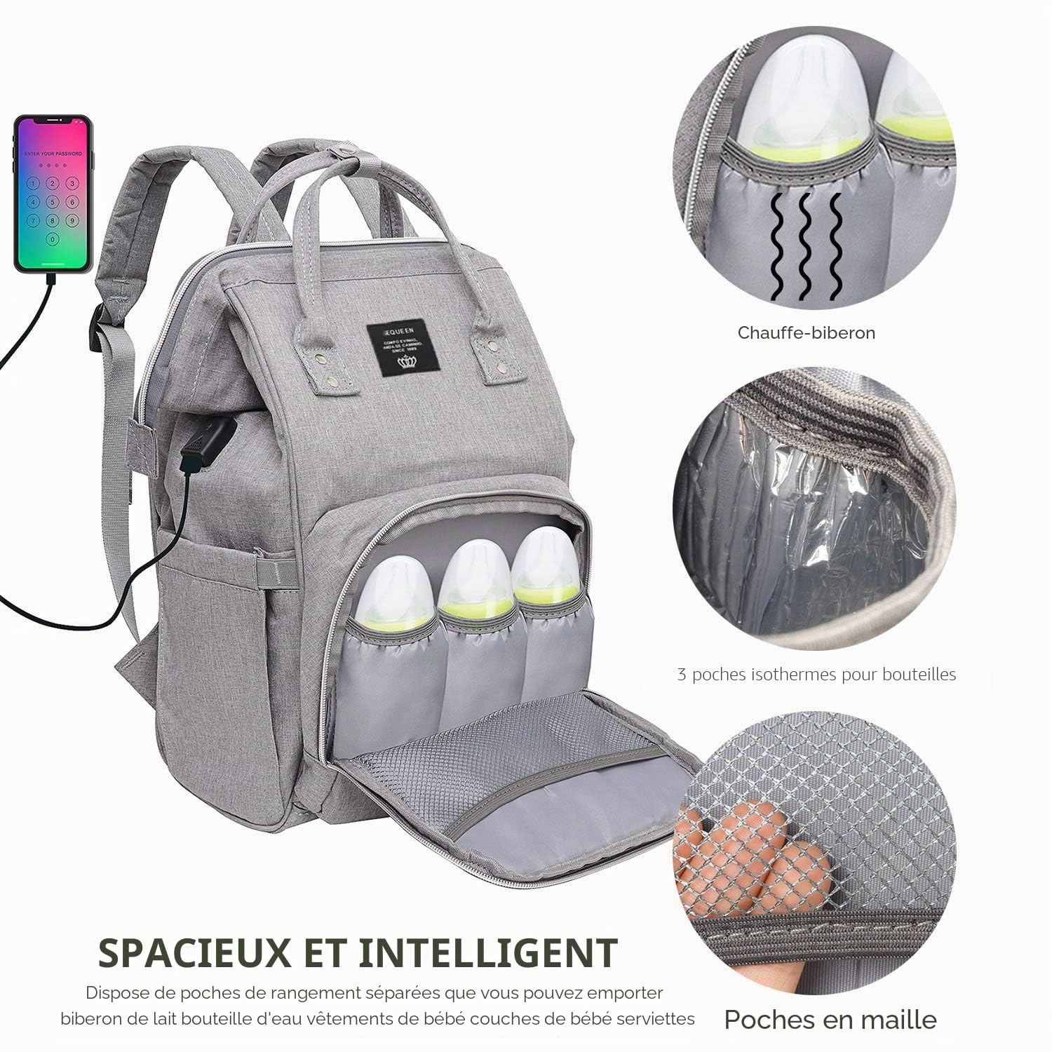 Sac à dos à langer pour bébé, sac à langer multifonction étanche avec port USB pour maman et papa, grande capacité