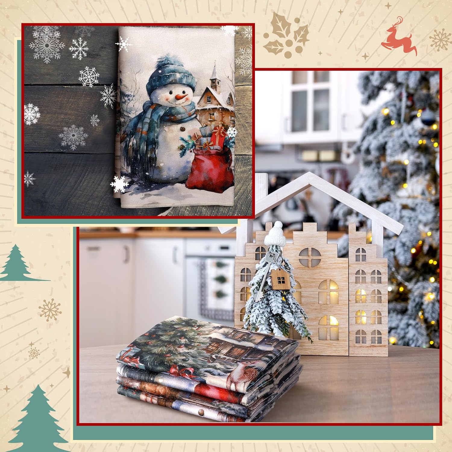 Bencailor 6 Pcs Winter Kitchen Towels 16 x 24 Inches Decorative Snowman Truck Tea Dish Dishcloths Winter Holiday Drying Cloth Hand Towels(Retro Color,Snowman) - Image 6