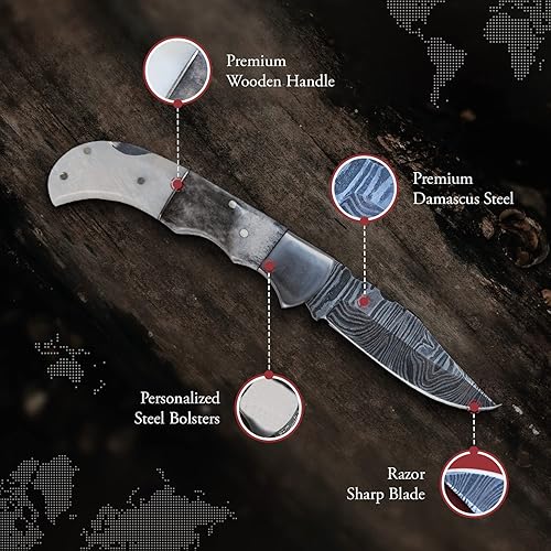 Miniatura 2 de Morf Steelware - Cuchillo de bolsillo de acero de Damasco hecho a mano, cuchillo de bolsillo pequeño para exteriores, campamento, senderismo, hoja