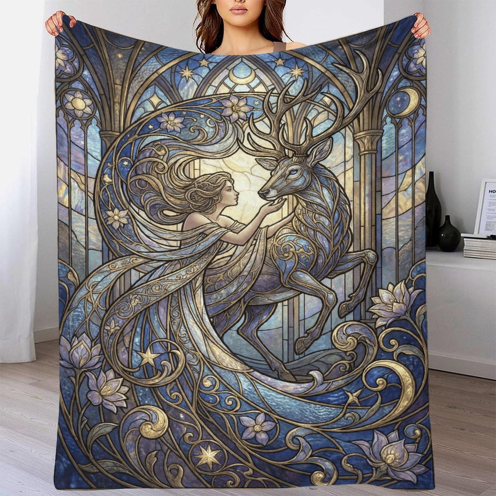 W7C8U2X3 Art Nouveau Mucha Deer Flannel Throw Blanket, Camping Car Travel