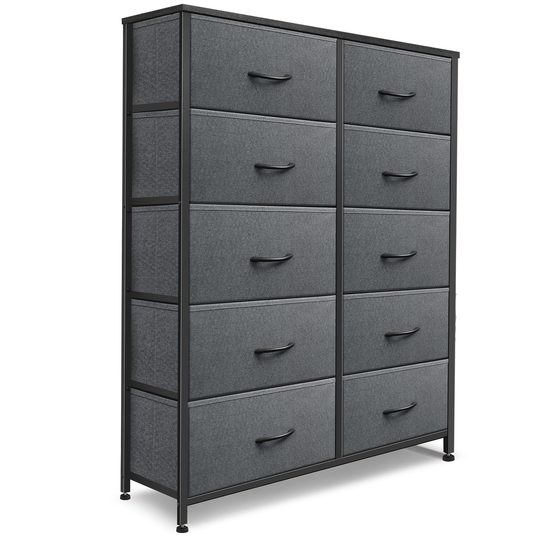 dresser for bedroom with 10 drawers, chest of drawers, storage drawers organizer unit, grey wide fabric dresser with fabric bins for closet, living room, entryway (grey and charcoal black)