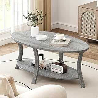 Giantex 44 Inch Oval Coffee Table, 2-Tier Center Table with Storage Shelf & Rubber Wood Frame, Modern Farmhouse Living Room Table for Reception Office, Gray