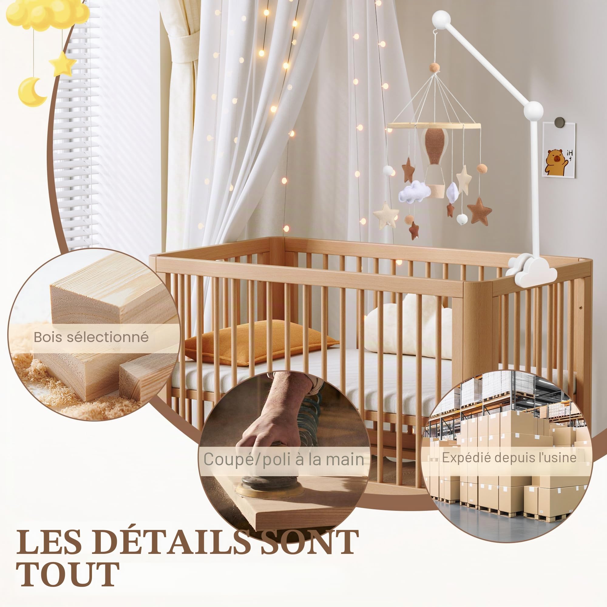 Support Mobile Bebe Bois, Rotatif Support pour Mobile Bébé en Forme de Nuage, Fixation Stabilisée, pour Berceaux, Carillons éoliens et Tables à Langer, Blanc