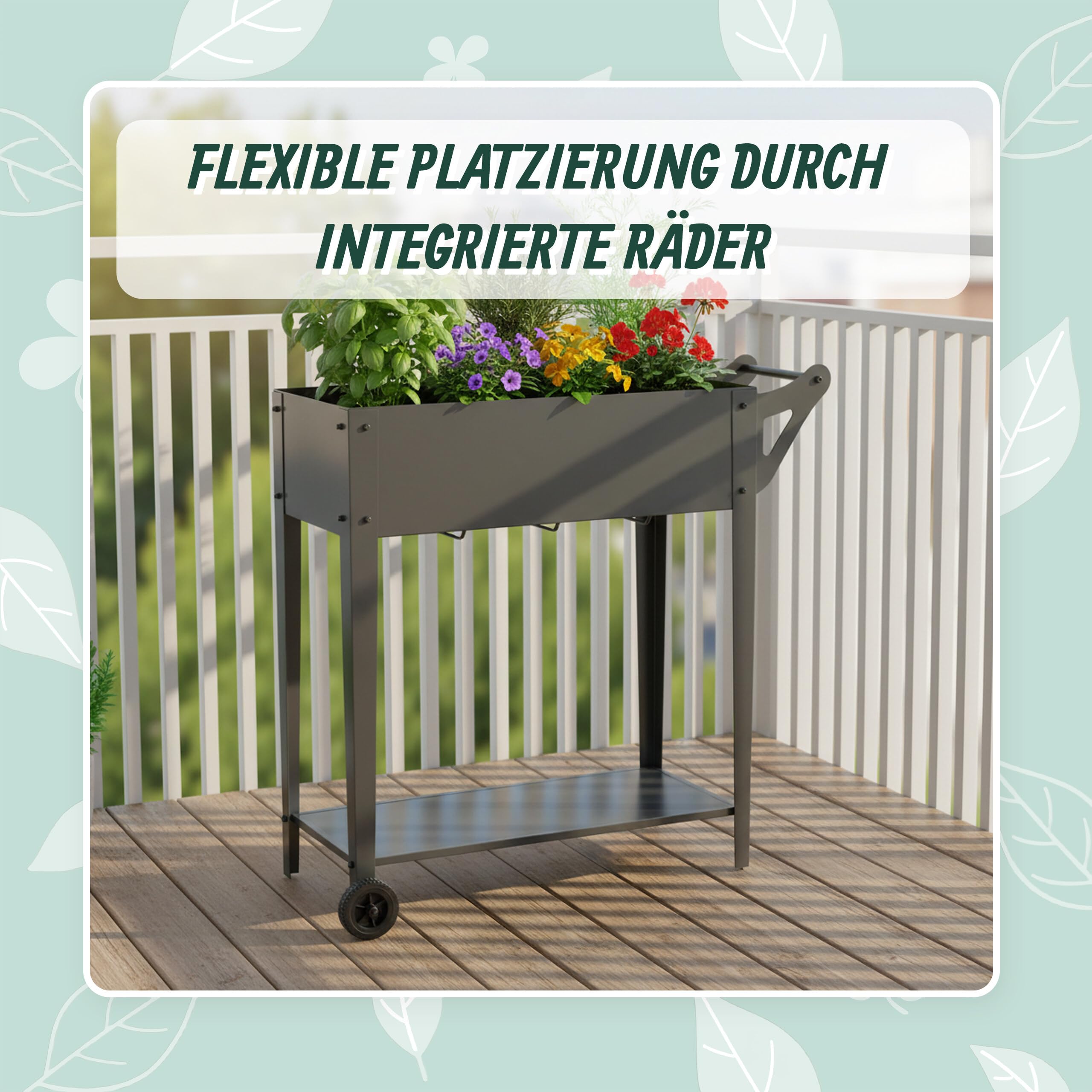 Relaxdays Hochbeet, mit Ablage, 2 Räder, Garten, Balkon & Terrasse, HxBxT: 80 x 85 x 50 cm, mobiles Tischbeet, anthrazit
