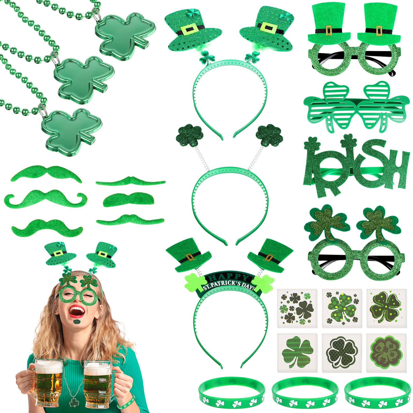 Set 91 Pezzi Oggetti di Scena per Feste di San Patrizio con Occhiali, Fasce per Chioma, Collane e Braccialetti Trifoglio, Adesivi Decorativi, Accessori per Travestimenti