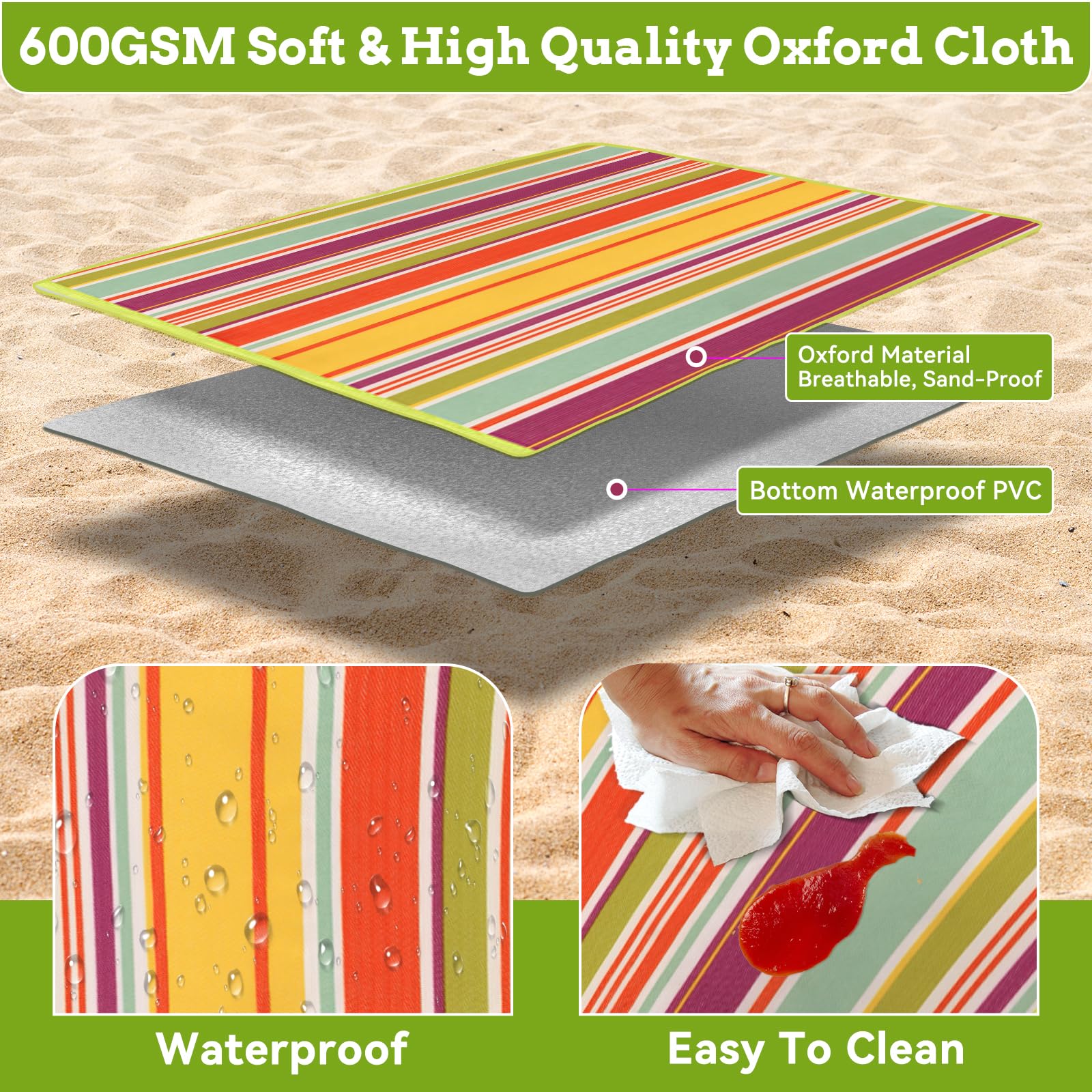 Ninonly Telo Picnic Impermeabile 200x200 Coperta Picnic Impermeabile con Manico Portatile Telo da Picnic in Tessuto Oxford per Spiaggia, Parco, Escursionismo, Campeggio Arancione