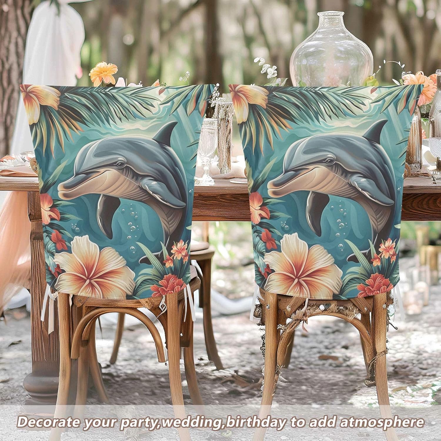 ALAZA Dolphin and Tropical Flowers Chair Back Cover Set of 6, Washable Reusable Removable Chair Slipcovers Decorative Chair Cover for Home Kitchen Wedding Party