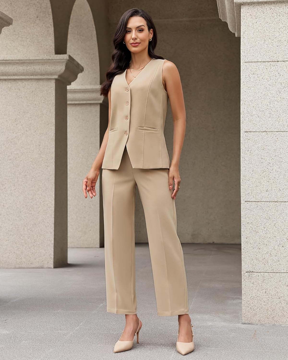 luvamia Vest Pants Suits for Women Dressy 2 Piece Sets Sleeveless Blazer Straight Leg Dress Pants Business Casual Outfit - Image 3