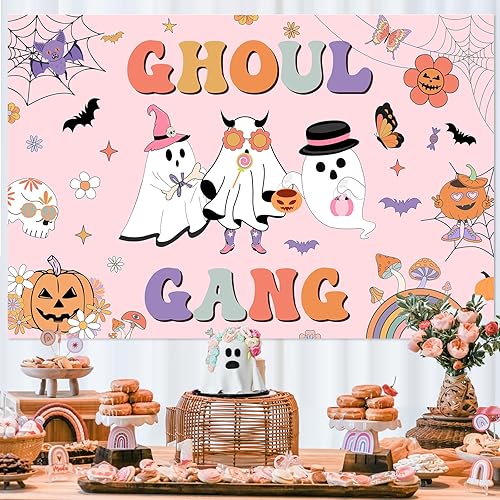 Miniatura 3 de Decoración de fiesta de cumpleaños de Ghoul Gang, telón de fondo de Ghoul Ghoul Ghoul, telón de fondo pastel hippie de Halloween para Groovy Retro