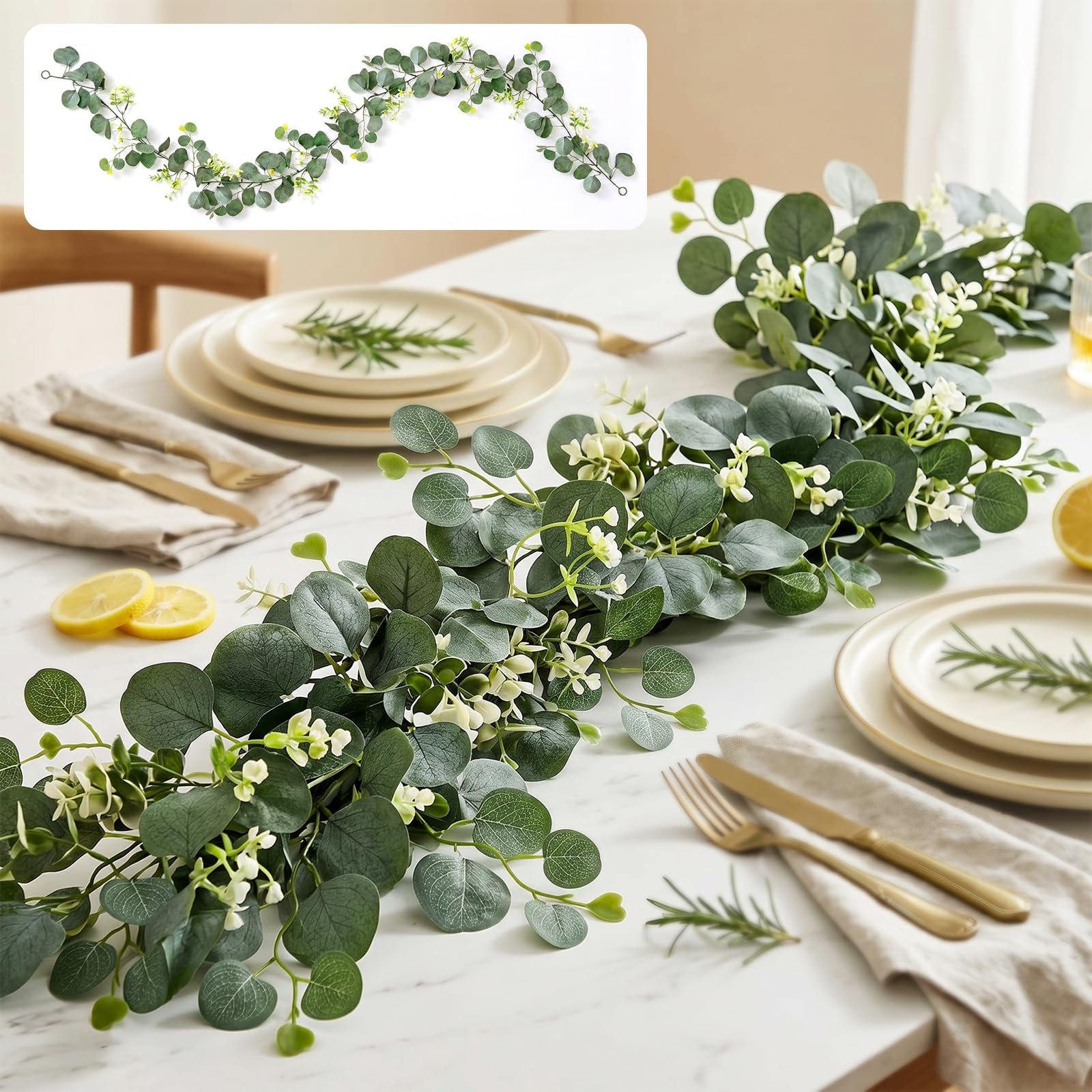 AGOTD 2 Stück Eukalyptus Girlande, Künstliche Girlande Pflanze 1,8m Hängend Grüne Blätter Deko mit Weiße Blumen Silberdollar Eukalyptusranke für Hintergrund Hochzeit Bogen Grau Grün