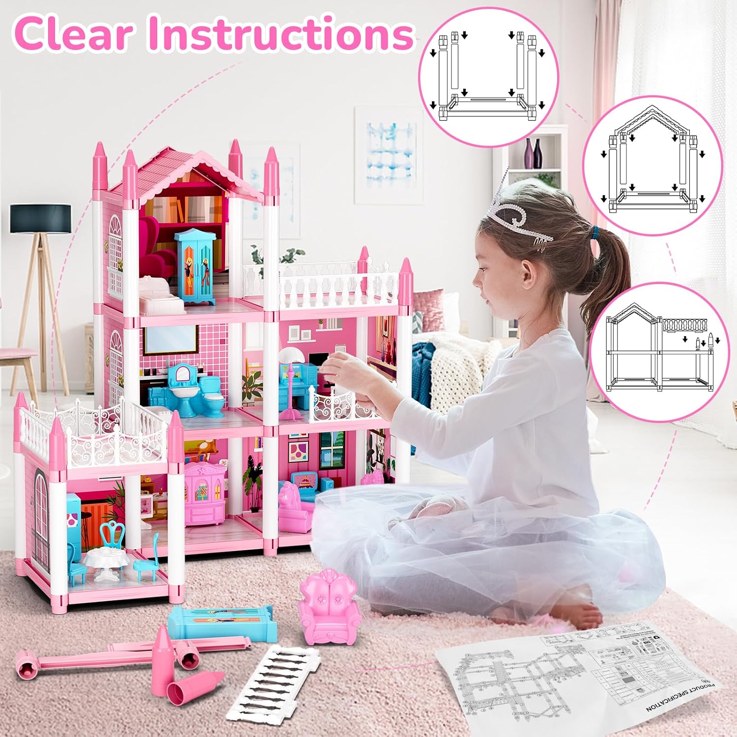 Doll House for Girls, DIY Dream Dollhouse with Furniture and Rooms Accessories, Miniature Pretend Playhouse with Lights, Building Princess House Dolls Playset Figures Toys Kit Gift for Ages 3+