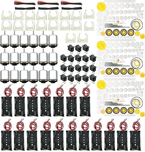 EUDAX Juego de 18 motores de corriente continua, mini motor eléctrico de 1.5-3 V 24000 RPM con 252 engranajes de plástico, 2 soportes de batería AA,