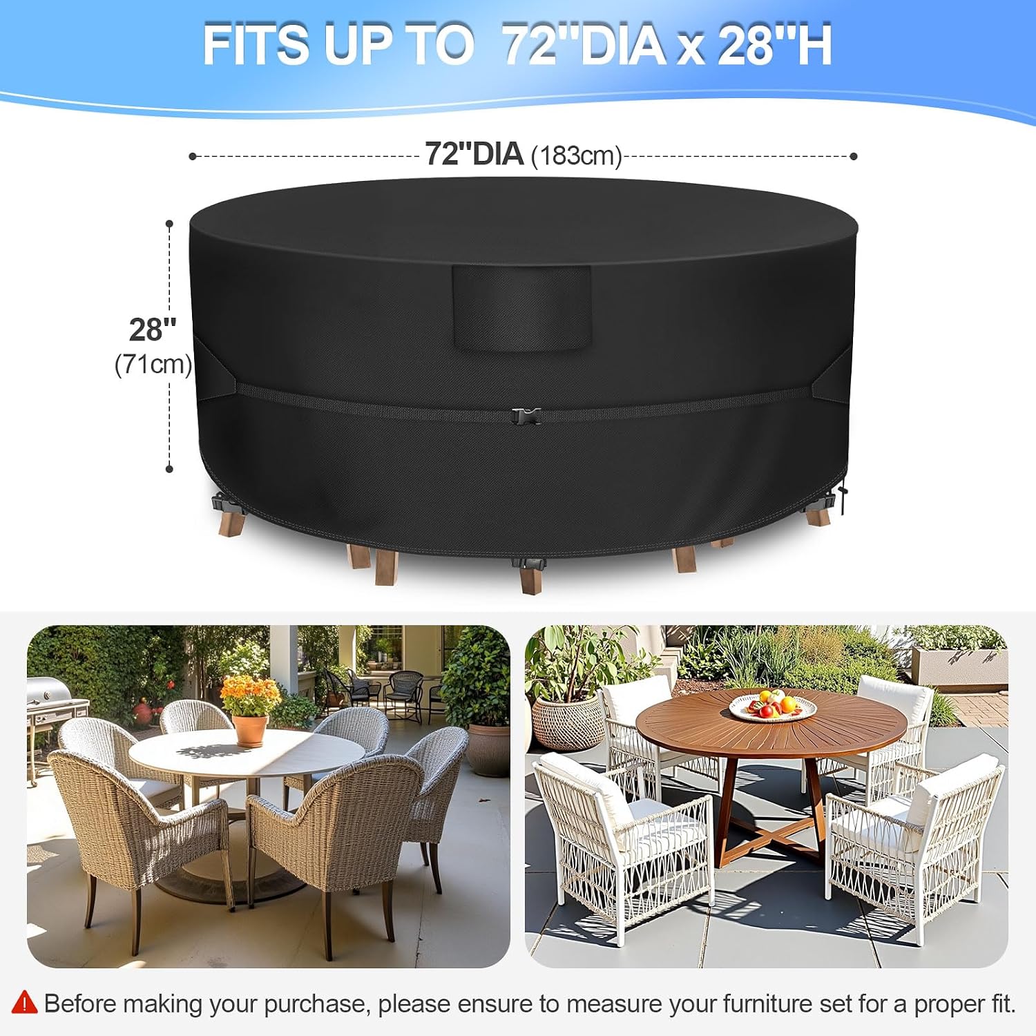 Patio Furniture Covers Round, 72"Dia x 28"H, Heavy Duty Patio Table Covers Waterproof, Outdoor Table and Chair Set Cover for Outdoor Furniture, Black