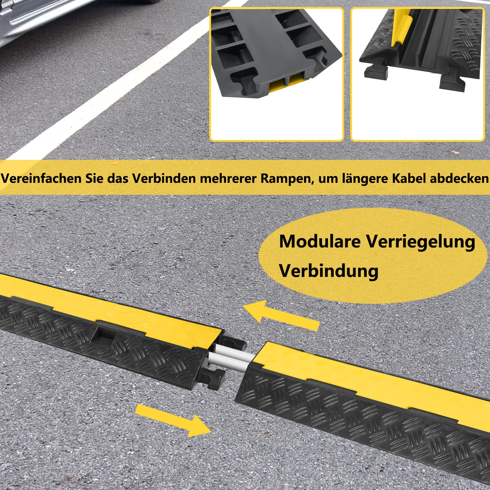 XMTECH 2X Gummi Kabelschutz Rampe, 2-Kanal Kabelbrücke überfahrbar bis 10 Tonnen Traglast, 100 x 24 x 5 cm, robuste Kabelbrücke aus Gummi, schwarz-gelb für Parkplätze, Baustellen, Lagerhallen