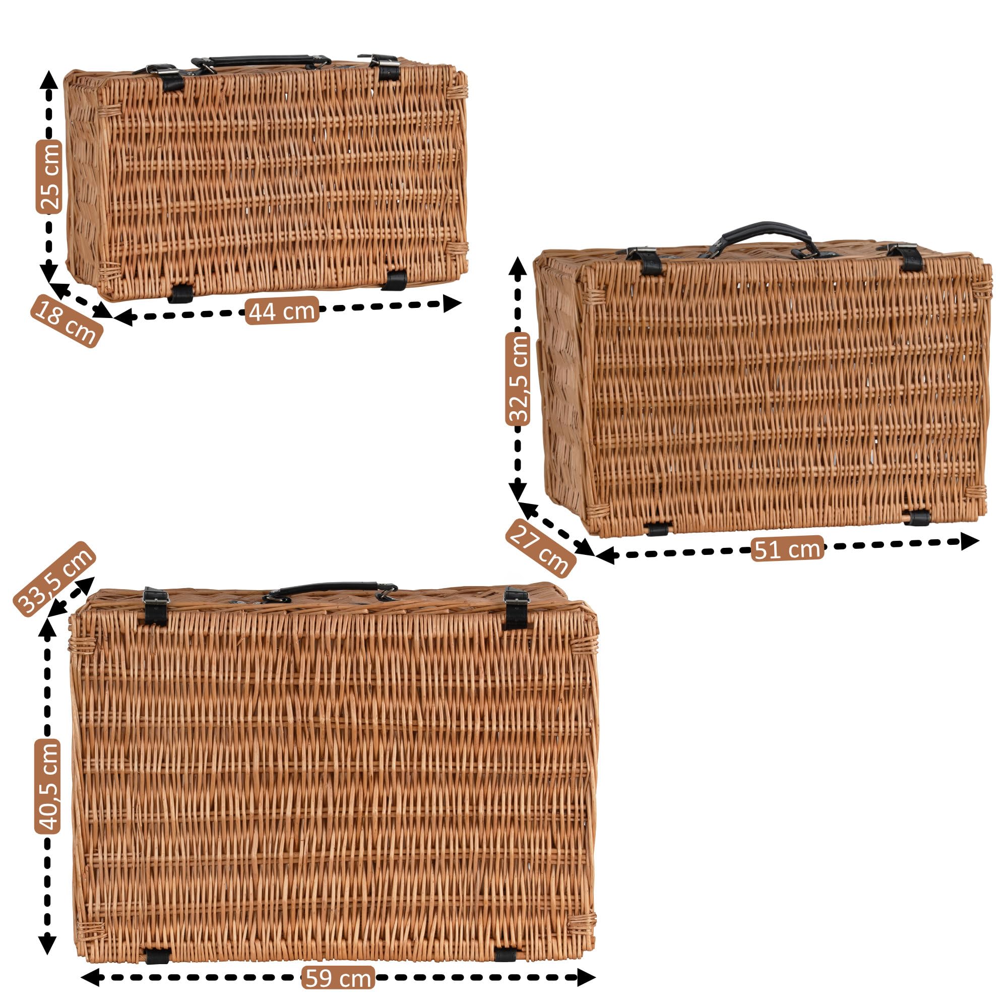 CampFeuer Set di 3 cestini in vimini con cinturino in similpelle, cestino da picnic intrecciato, cestino in vimini con coperchio, cestino da picnic | valigetta decorativa, cestino regalo, cestino da