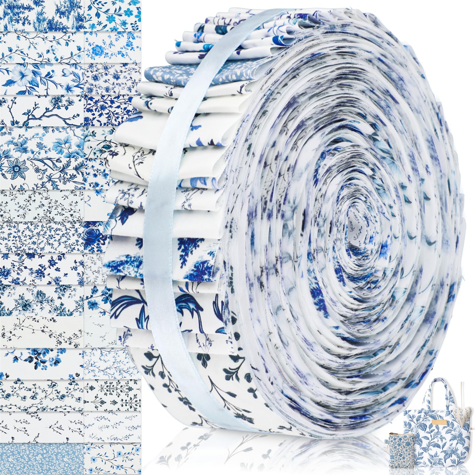 Tatuo Blue 60 Pcs Jelly Fabric For Quilting 100% Cotton Roll Quilting Fabric 2.56 X 40 Inch Precut Strips For Sewing Assorted Floral Prints(Chinoiserie)