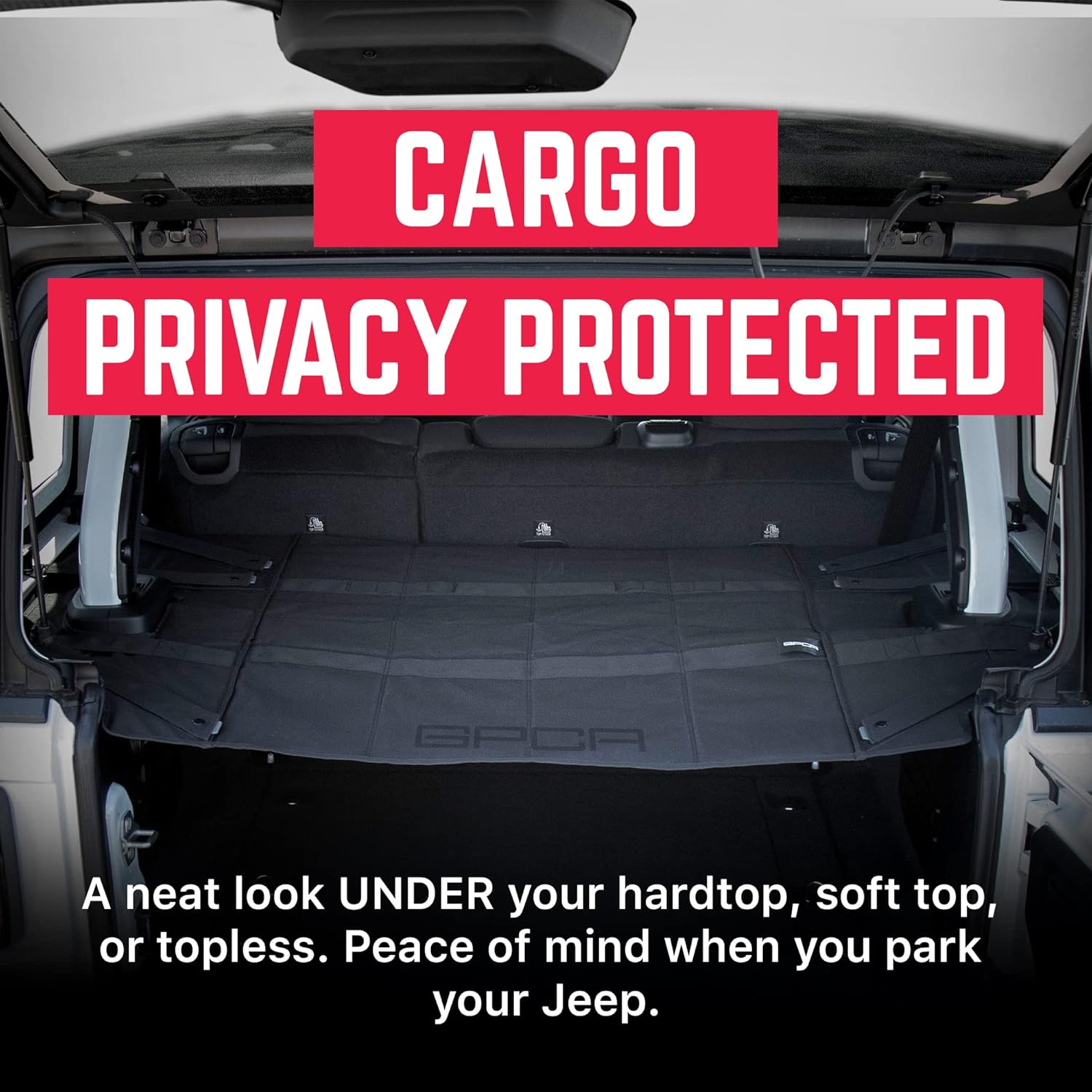 GPCA Cargo Cover PRO for Jeep Wrangler JL 4-Door (2018-Present), Water-Resistant, Reversible Trunk Shade Organizer with Easy-Installation 6 Tie-Down D-Plates (JL 4Dr. Hardtop)