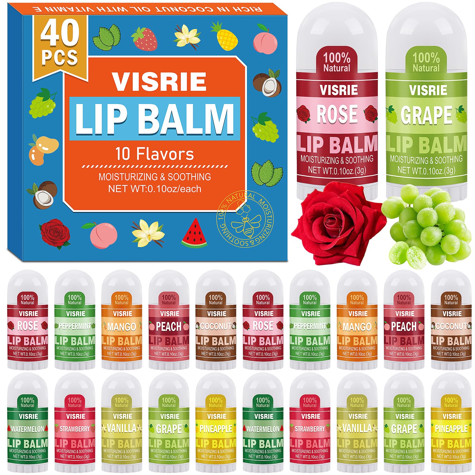 Mini Lip Balm 40 Pack, Natural Lip Balms Bulk with Vitamin E and Coconut Oil, Moisturizing Lip Balm for Dry Cracked lips - 10 Flavors