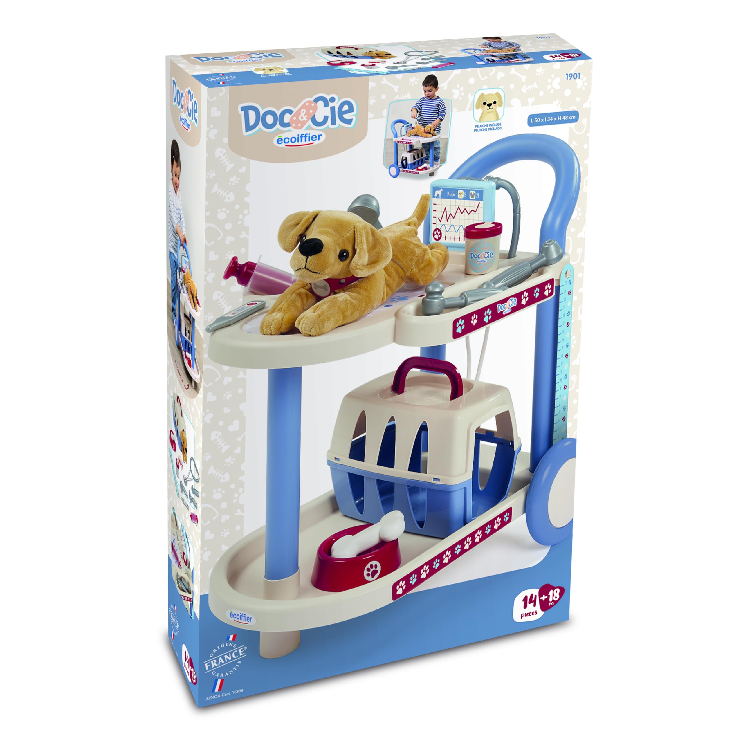 Ecoiffier - Carrello del Veterinario con Accessori, Kit Veterinario Giocattolo per Bambini, Postazione Mobile con Strumenti Medici per Animali, Gioco di Ruolo Educativo dai 18 Mesi, 7900001901