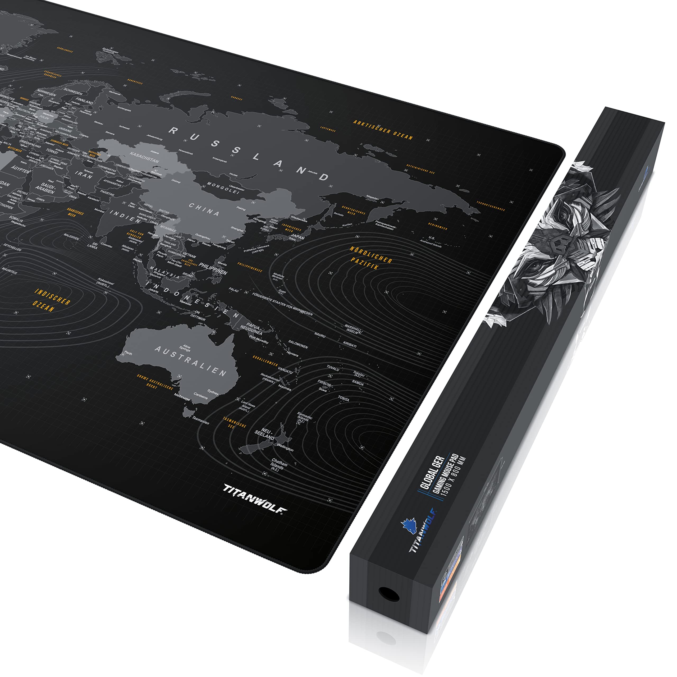 Titanwolf - XXXL Übergröße Mauspad 1500x800mm - XXXL Großformat - Schreibtischauflage - gummierte Rückseite - rutschfest und abwaschbar - Gaming - Präzision und Geschwindigkeit - Weltkarte